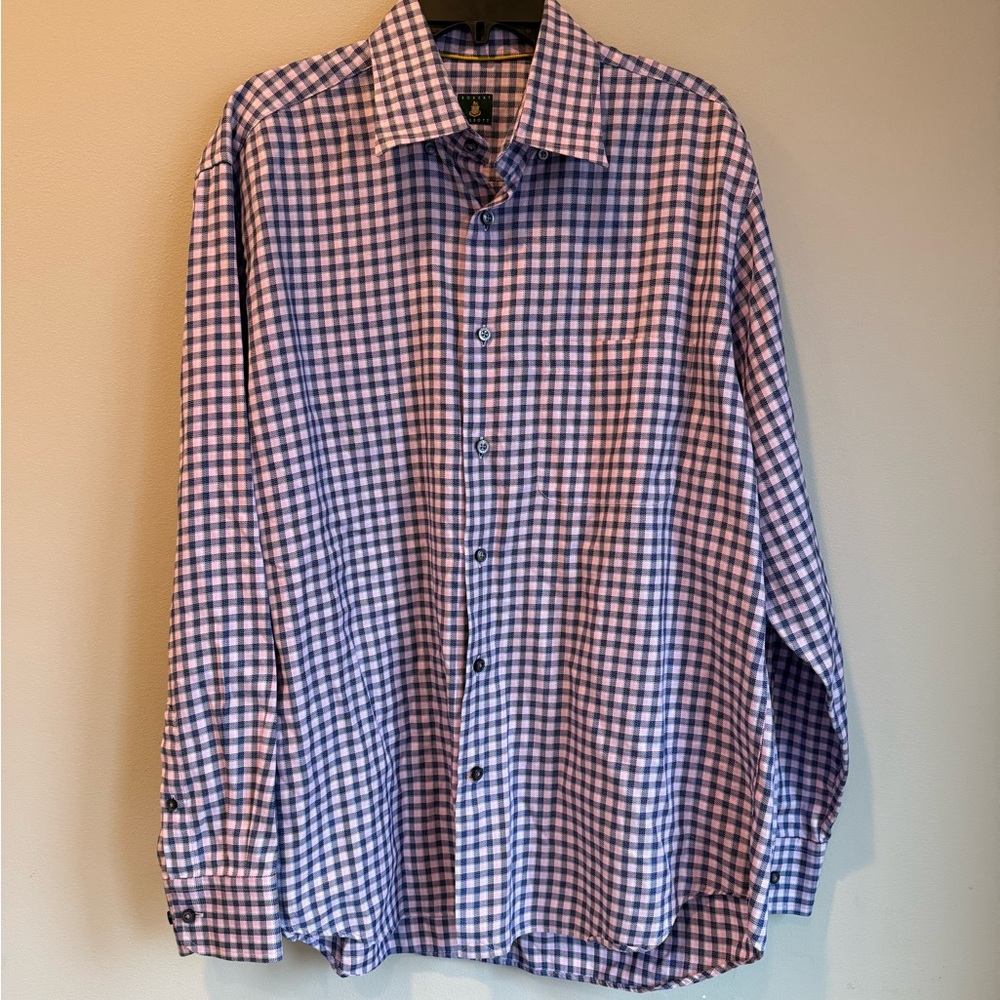 Robert Talbott‎ Pink and Navy Checkered Fabric Dress Shirt Size Large